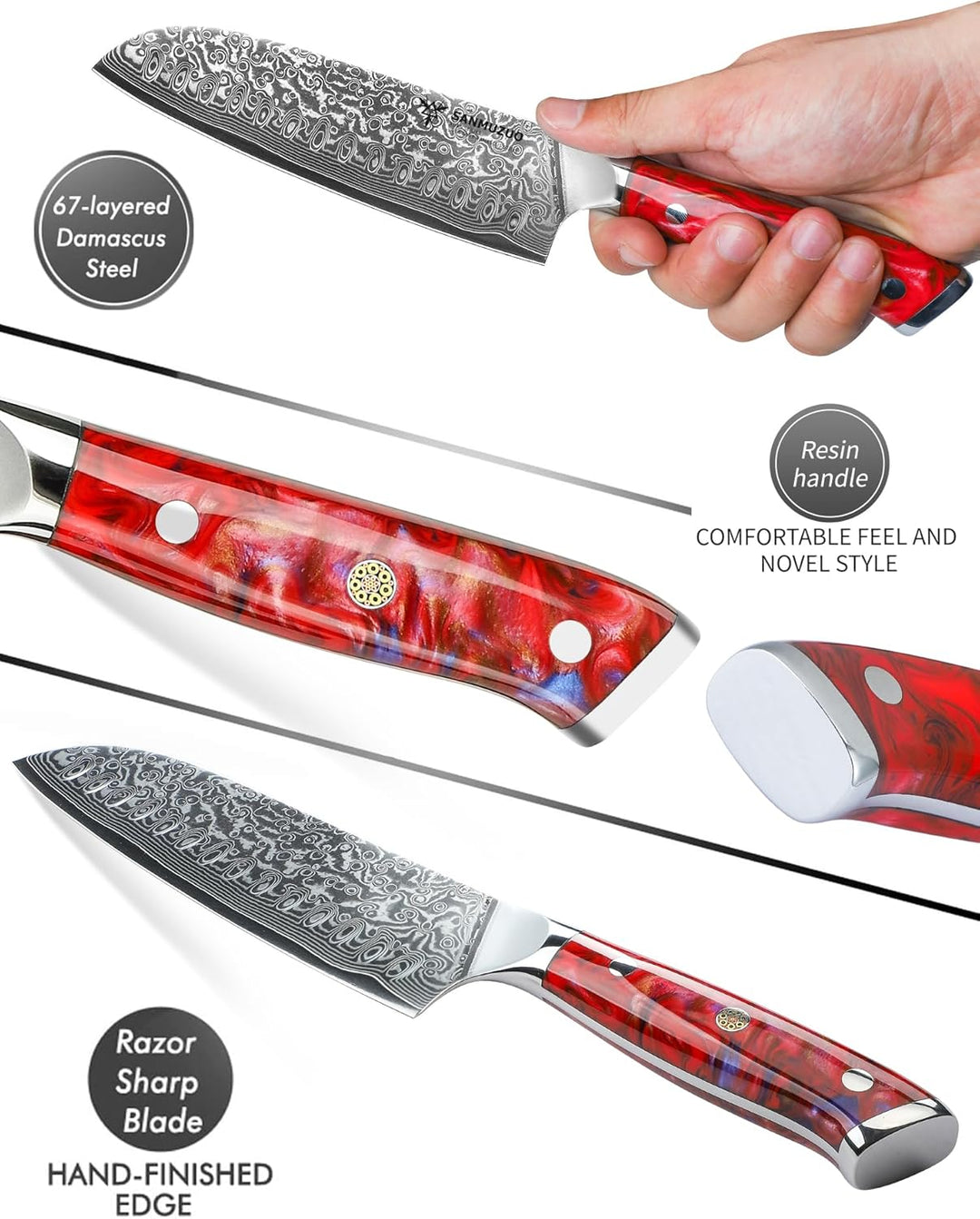 Damastmesser 18 cm Santokumesser - Japanisches Kochmesser - VG 10 Damaskus Stahl Küchenmesser mit Ha