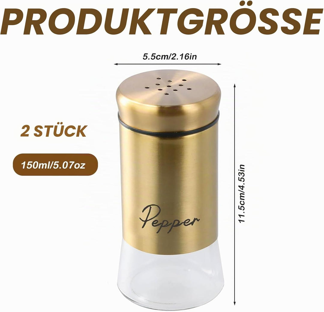 2 Stück Gold Salz Pfeffer Shaker, Salz und Pfefferstreuer Klein Set, 150ML Gewürzstreuer für Haus, K