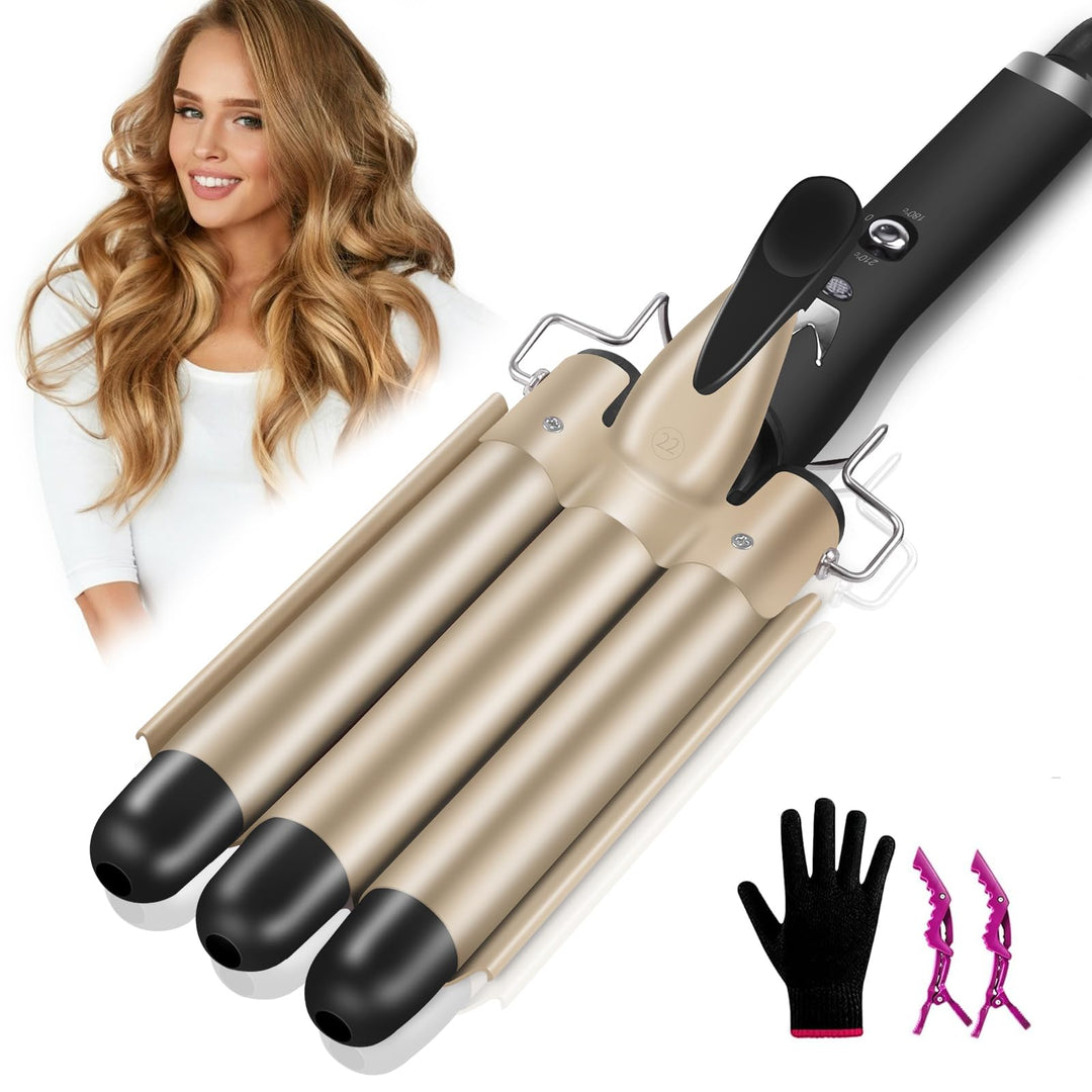 Lockenstab 3 Fässer LAYADO Welleneisen für Haare, Welleneisen 22mm, Beach Waves Lockenstab Einstellb
