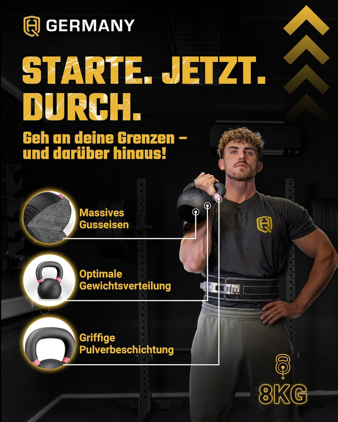 HQ Germany® Kettlebell Powdercoat [Pulverbeschichtung] - Kugelhantel 2-32kg | Vollguss ohne Schweiss