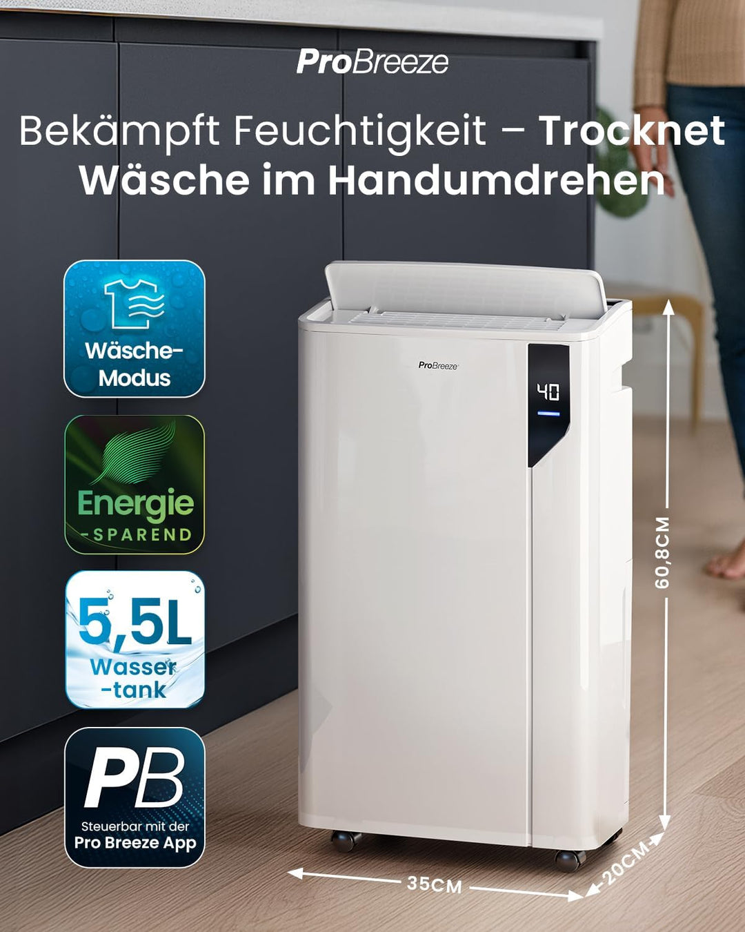 Pro Breeze Luftentfeuchter 20L in 24h Entfeuchtungsleistung - Luftentfeuchter elektrisch mit Wäschem