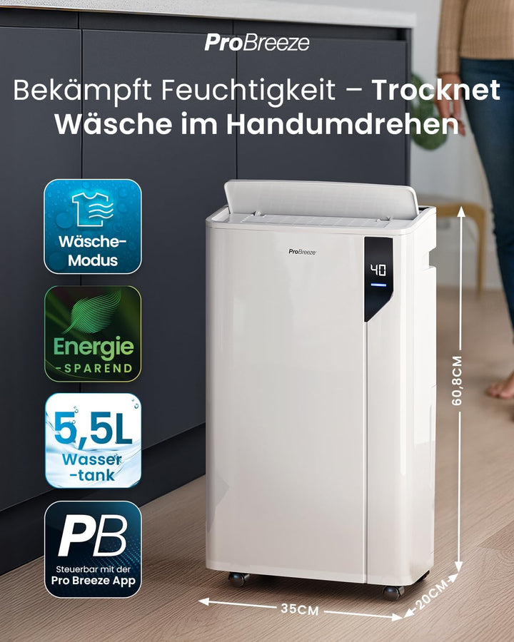 Pro Breeze Luftentfeuchter 20L in 24h Entfeuchtungsleistung - Luftentfeuchter elektrisch mit Wäschem
