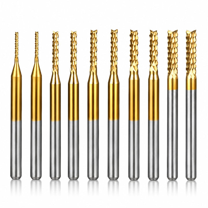 VOBOR 10 Stücke Schaftfräser 1,0-3,0mm, Titan Beschichtete Hartmetall CNC Fräser, 1.0mm, 1.5mm, 2.0m