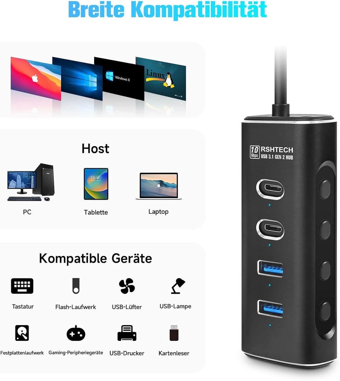 RSHTECH USB C 3.2 Hub Aktiv mit Netzteil, 4-in-1 USB C 3.1 Gen2 Hub mit 4*10Gbps USB-Datenport (2*Ty