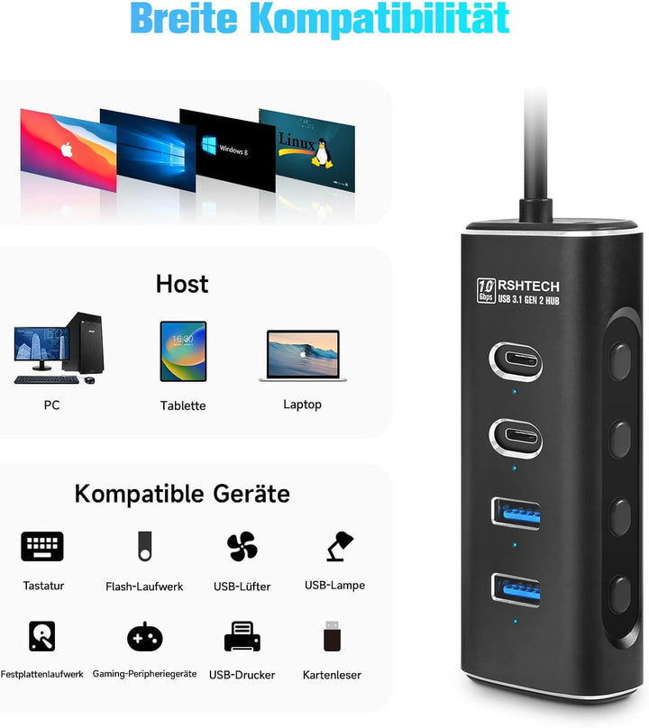 RSHTECH USB C 3.2 Hub Aktiv mit Netzteil, 4-in-1 USB C 3.1 Gen2 Hub mit 4*10Gbps USB-Datenport (2*Ty
