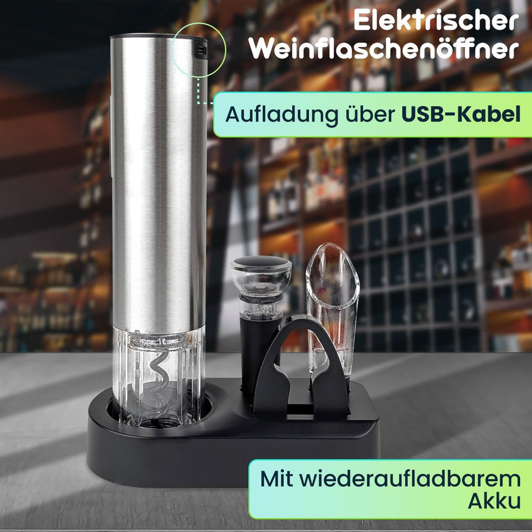 ideoon Hochwertiger Korkenzieher elektrisch mit Akku – Profi-Weinflaschenöffner-Set aus gebürstetem