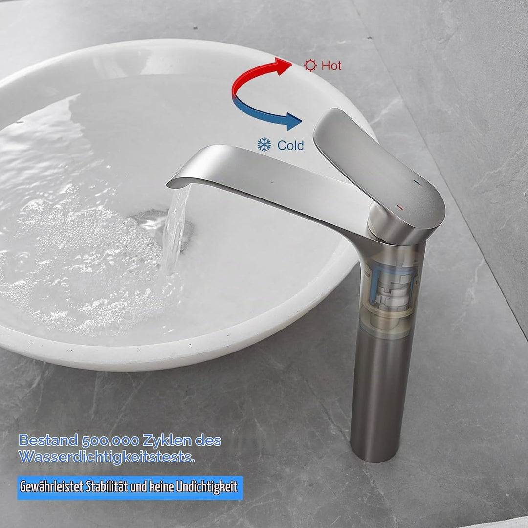 Bad Wasserhahn Wasserfall Badarmatur Hoch Waschtischarmatur Einhebel Mischbatterie, Silber (Gebürste