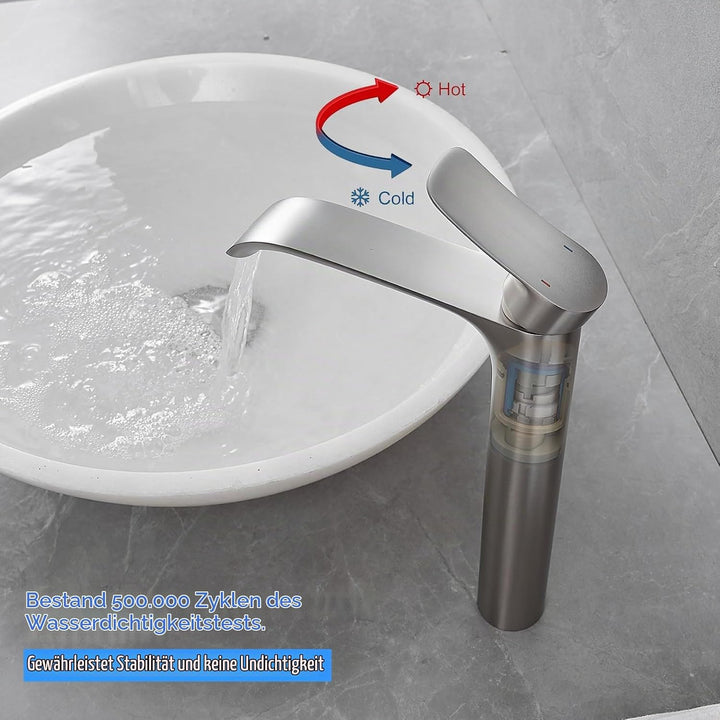 Bad Wasserhahn Wasserfall Badarmatur Hoch Waschtischarmatur Einhebel Mischbatterie, Silber (Gebürste