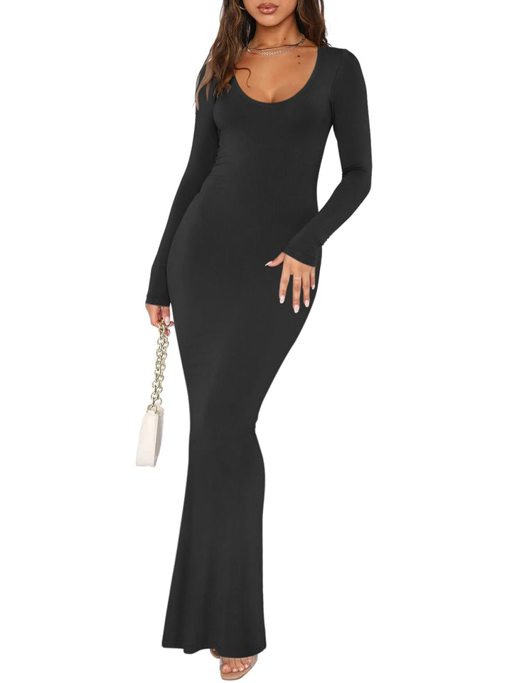 REORIA Damen Sexy U-Ausschnitt Langarm Lounge Langes Kleid Gerippte figurbetonte Maxikleider M 01_sc