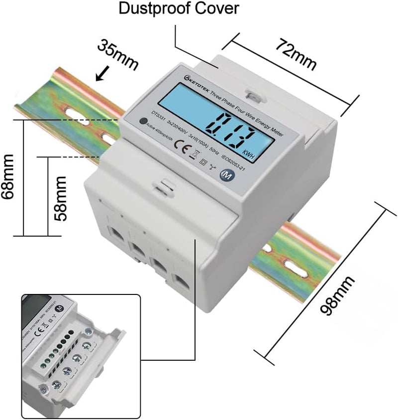 KETOTEK 3 Phasen Stromzähler AC Ampere Volt Leistung Energiemonitor Top Hat Din Rail Bidirektionaler