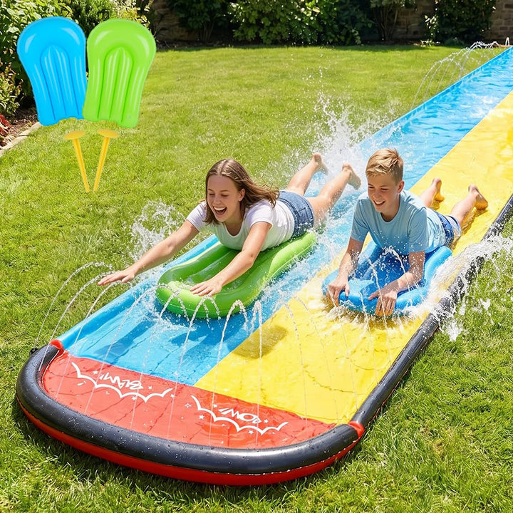 Double Wasserrutsches mit 2 Bodyboards, 19.6ft/600cm Wasserrutsche Garten für Kinder, Wasserrutsche