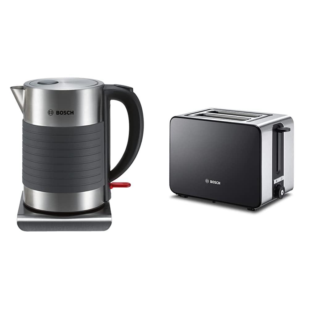 Bosch TWK7S05 kabelloser Wasserkocher, Abschaltautomatik, 1,7 L, 2200 W, schwarz/grau & ster Comfort