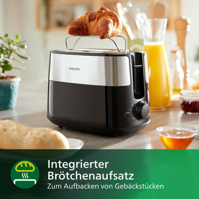 Philips Toaster – 2 Toastschlitze, 8 Stufen, Brötchenaufsatz, Auftaufunktion, Abschaltautomatik, sch