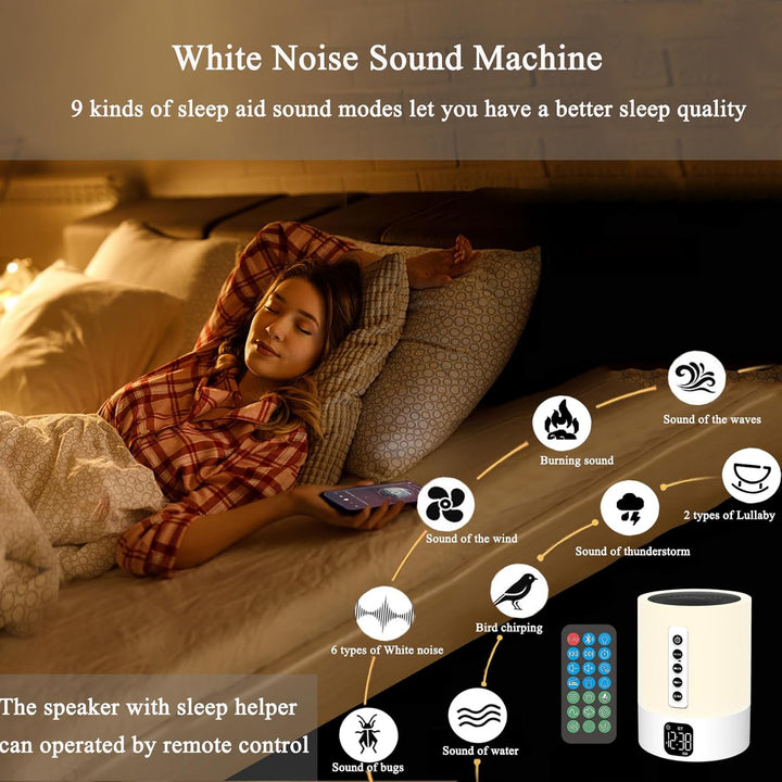 Bluetooth Lautsprecher mit Licht, White Noise Machine, Lichtwecker, Nachttischlampe Touch Dimmbar mi