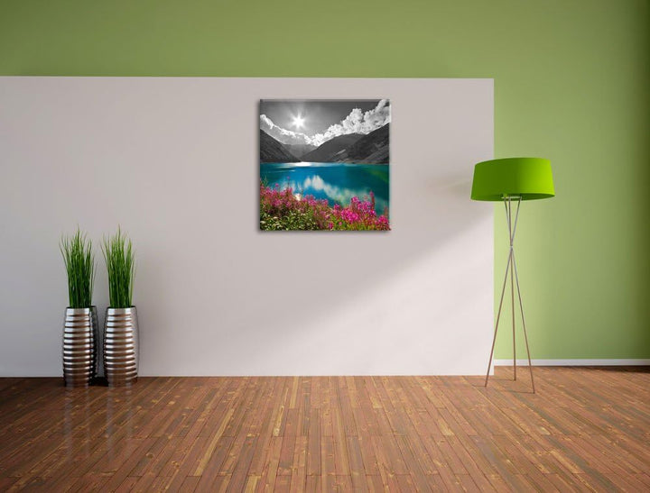 Pixxprint Blumenwiese See als Leinwandbild/Grösse: 70x70 cm/Wandbild/Kunstdruck/fertig bespannt, 70x