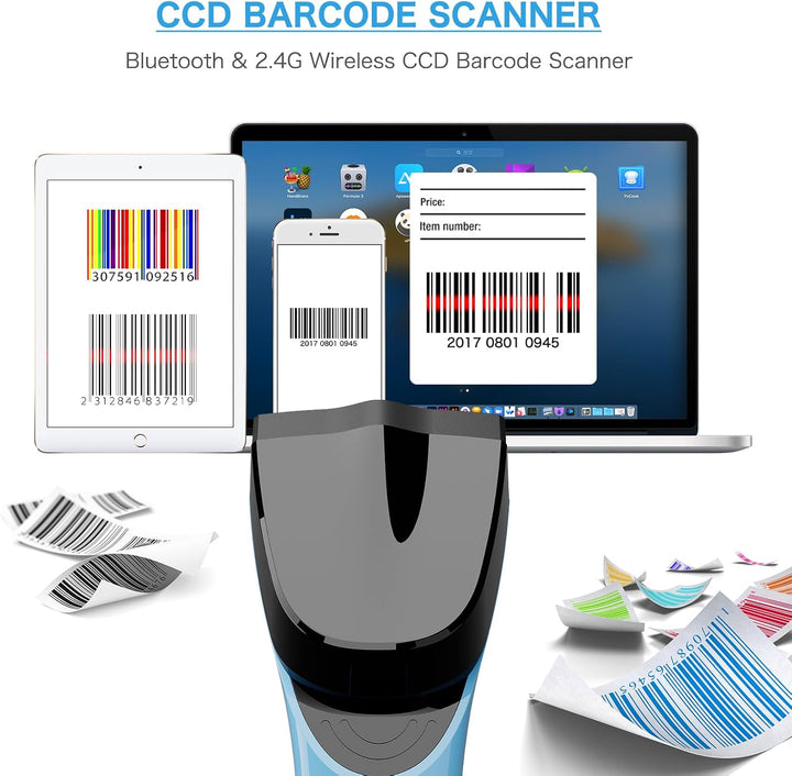 NETUM Bluetooth Barcode Scanner Wireless with Charging Cradle, 2.4G USB 1D CCD Barcode Scanner, Hand