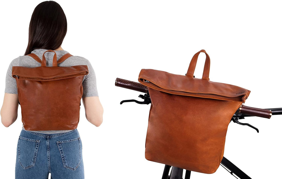 Gusti Fahrradrucksack Leder- Moreno A. Damen Rucksack inkl. Platte Lederrucksack Cityrucksack Braun