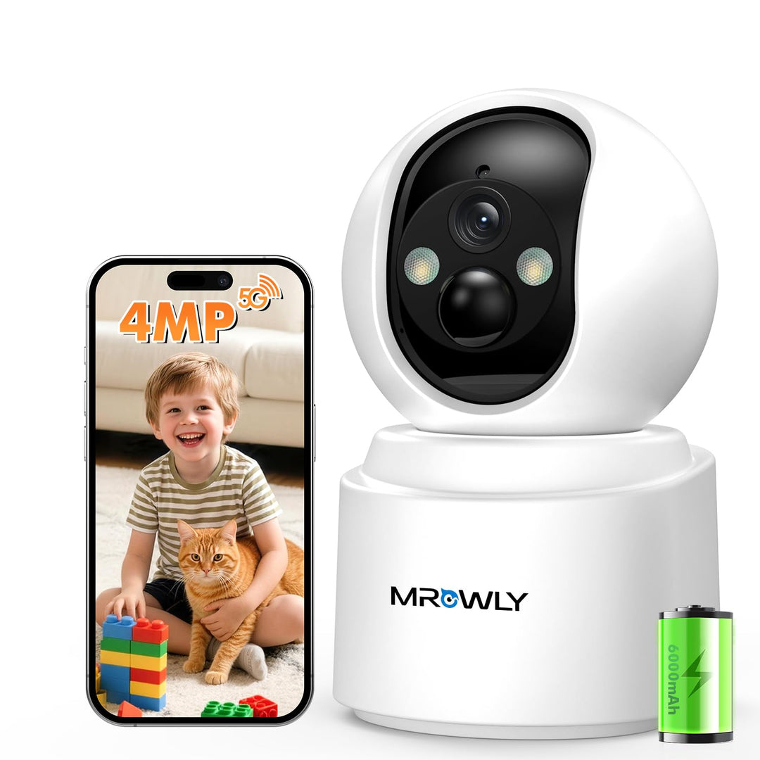 Überwachungskamera Innen Akku, 2,5K/4MP WLAN Indoor Kamera Schwenkbar mit akku, 2,4/5GHz WiFi, Farb-