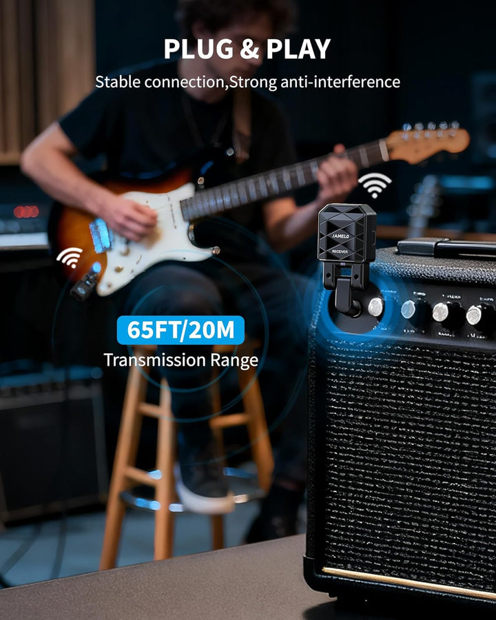 JAMELO Kabelloses Gitarrensystem mit Ladekoffer, Gitarrensender Empfänger, wiederaufladbares Gitarre