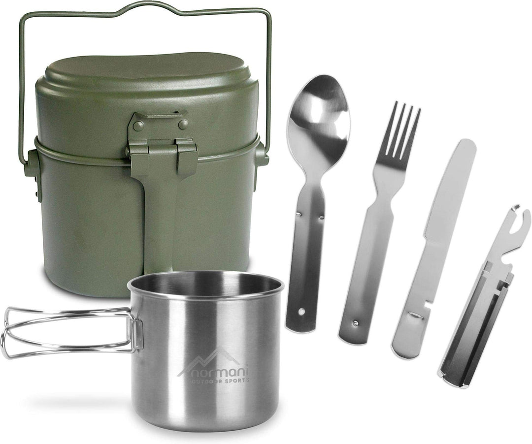 Bundeswehr Essgeschirrset Bund Essbesteck + BW Aluminium Kochgeschirr + Edelstahltasse Oliv 3 Einhei