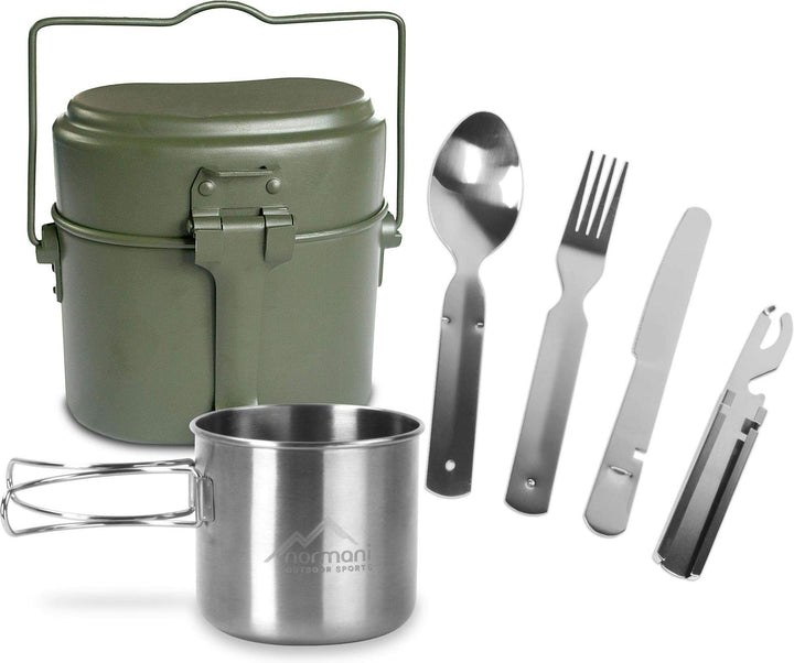 Bundeswehr Essgeschirrset Bund Essbesteck + BW Aluminium Kochgeschirr + Edelstahltasse Oliv 3 Einhei