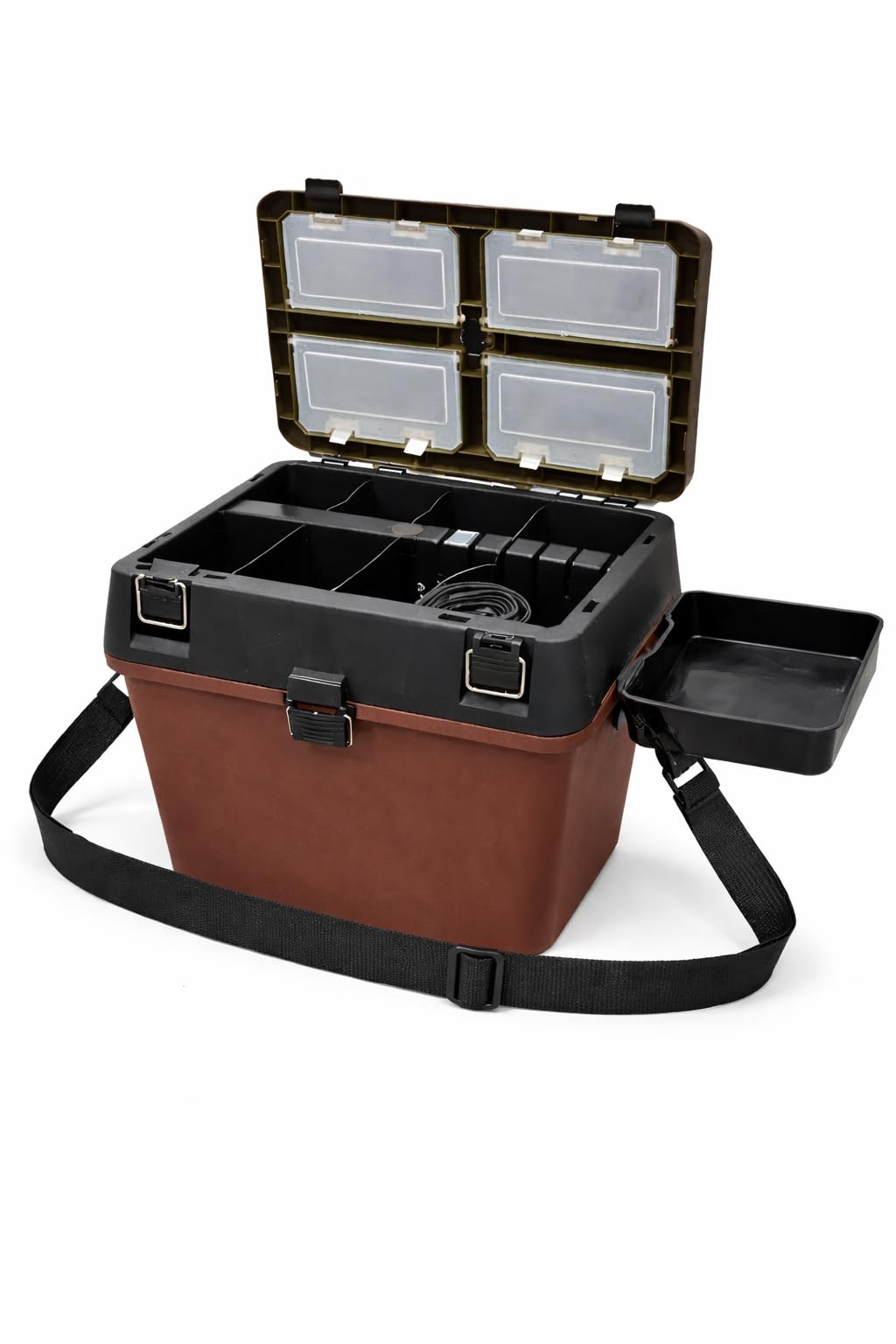 Angelkoffer mit Sitzfunktion mit Seitenbox und Tragegurt, Angelbox mit Organizer-Fächern Angelkoffer