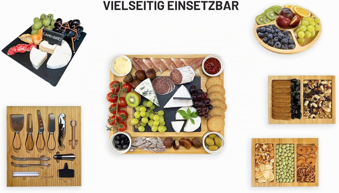 Bambus Käsebrett und Messer-Set Keramik-Schalen Weinöffner – 100% Bio-Holz Serviertablett Charcuteri