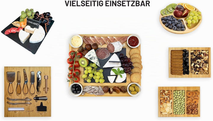Bambus Käsebrett und Messer-Set Keramik-Schalen Weinöffner – 100% Bio-Holz Serviertablett Charcuteri