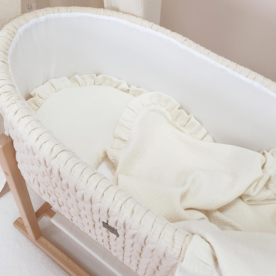 PinkZebra Musselin-Bettwäsche mit Rüschen für Babys, Set Babybettwäsche: weiches Flachkissen + 4-lag