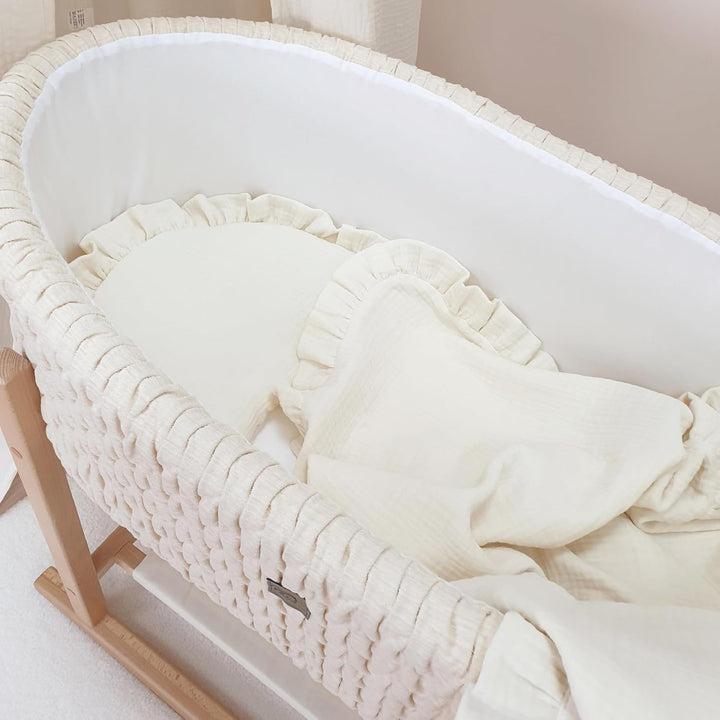PinkZebra Musselin-Bettwäsche mit Rüschen für Babys Neugeborene, weiches Flachkissen + 4-lagige Deck