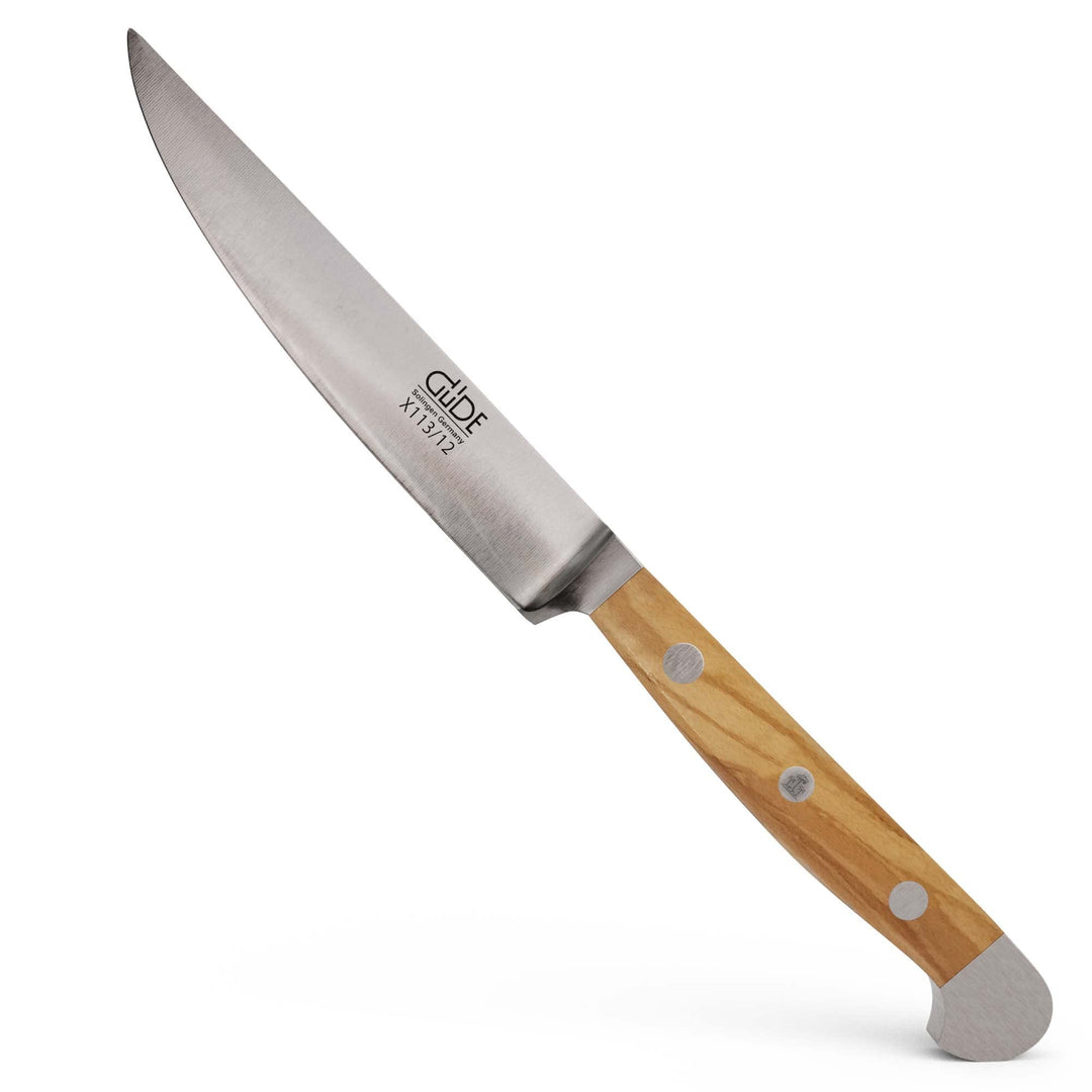 GÜDE Solingen - Steakmesser Glatt geschmiedet, 12 cm, Olivenholz, ALPHA OLIVE, Doppelkropf, Handmade