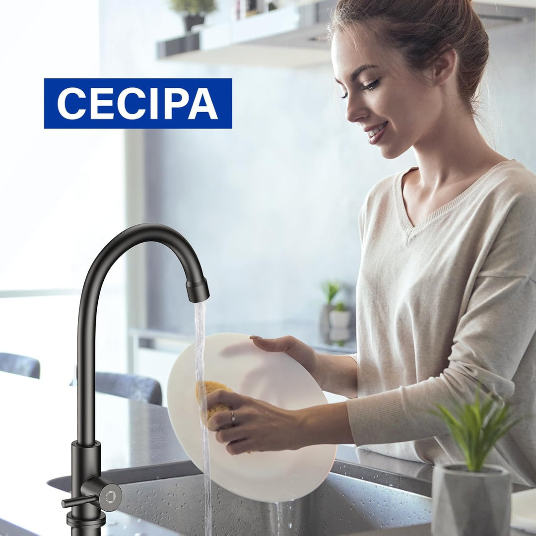 CECIPA Kaltwasserhahn Schwarz, Wasserhahn nur für Kaltwasser mit Edelstahl-Muttern 304, Wasserhahn K