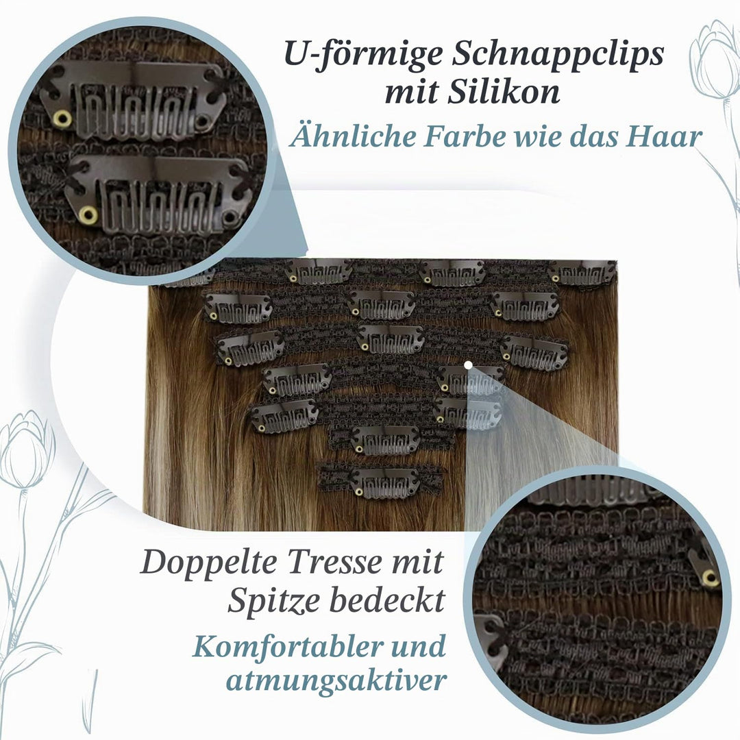 RUNATURE Clip in Echthaar Extensions Balayage Dunkelbraun bis Braun mit Blond Echthaar Clip in Exten