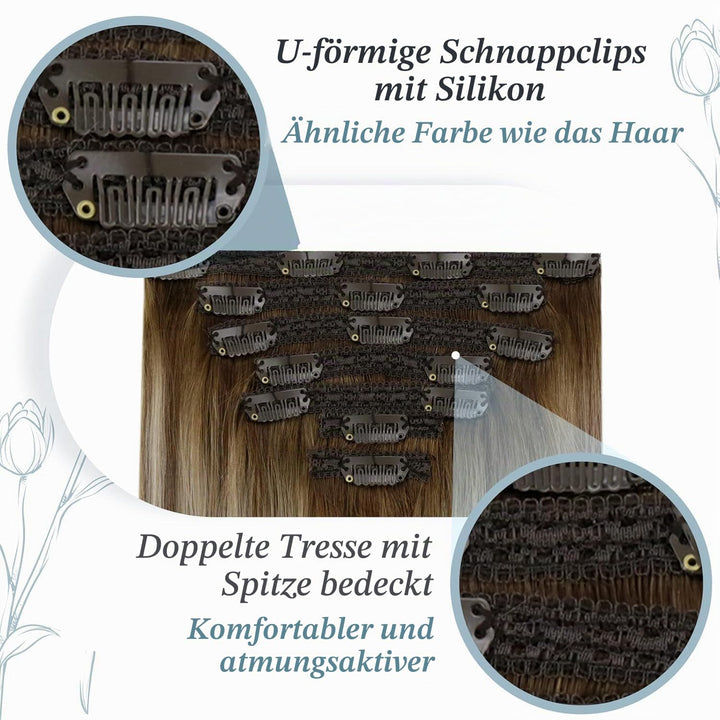 RUNATURE Clip in Echthaar Extensions Balayage Dunkelbraun bis Braun mit Blond Echthaar Clip in Exten