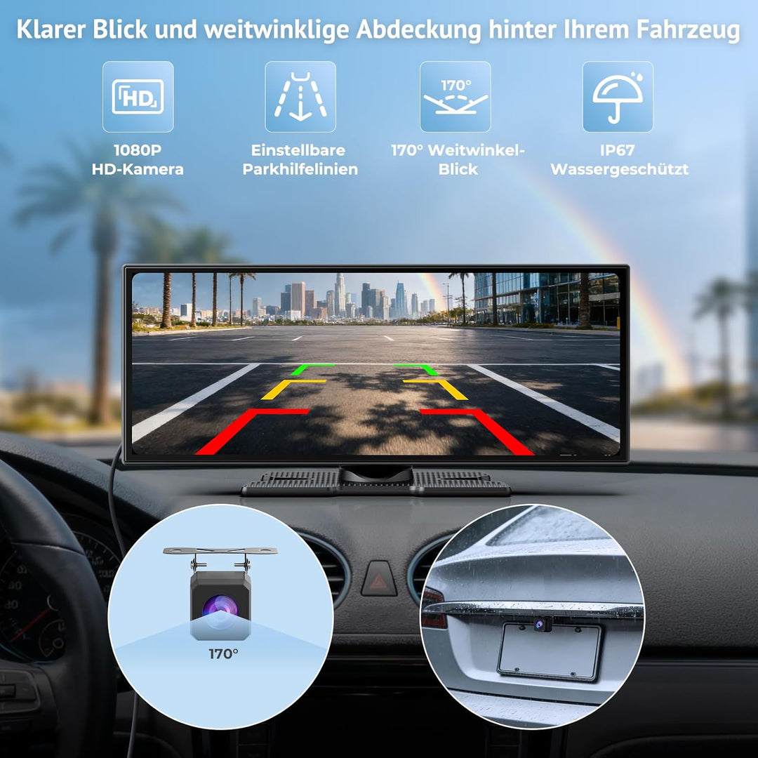 11,26" Wireless CarPlay Bildschirm,Tragbarer CarPlay & Android Auto Display,1080P Rückfahrkamera,Spl