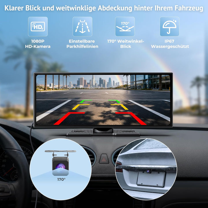 11,26" Wireless CarPlay Bildschirm,Tragbarer CarPlay & Android Auto Display,1080P Rückfahrkamera,Spl