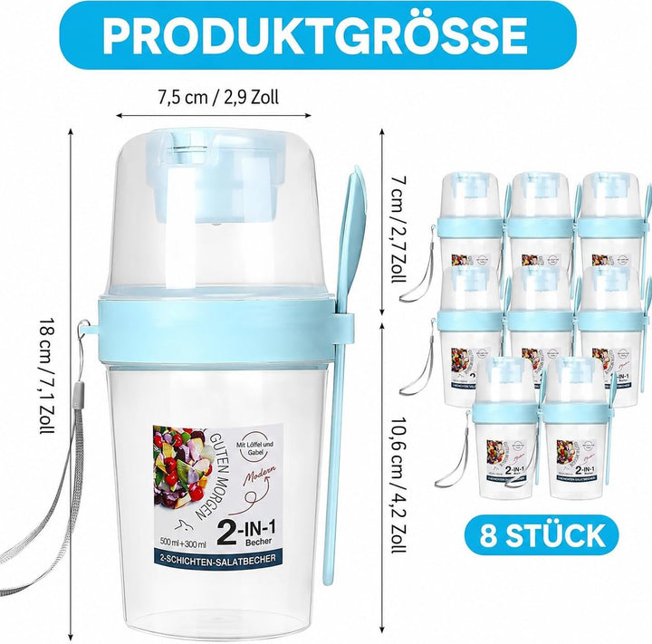 8 Stück Overnight Oats Becher mit Löffel und Deckel – 800 ml Joghurt Müsli To-Go Becher mit Fach, Wi