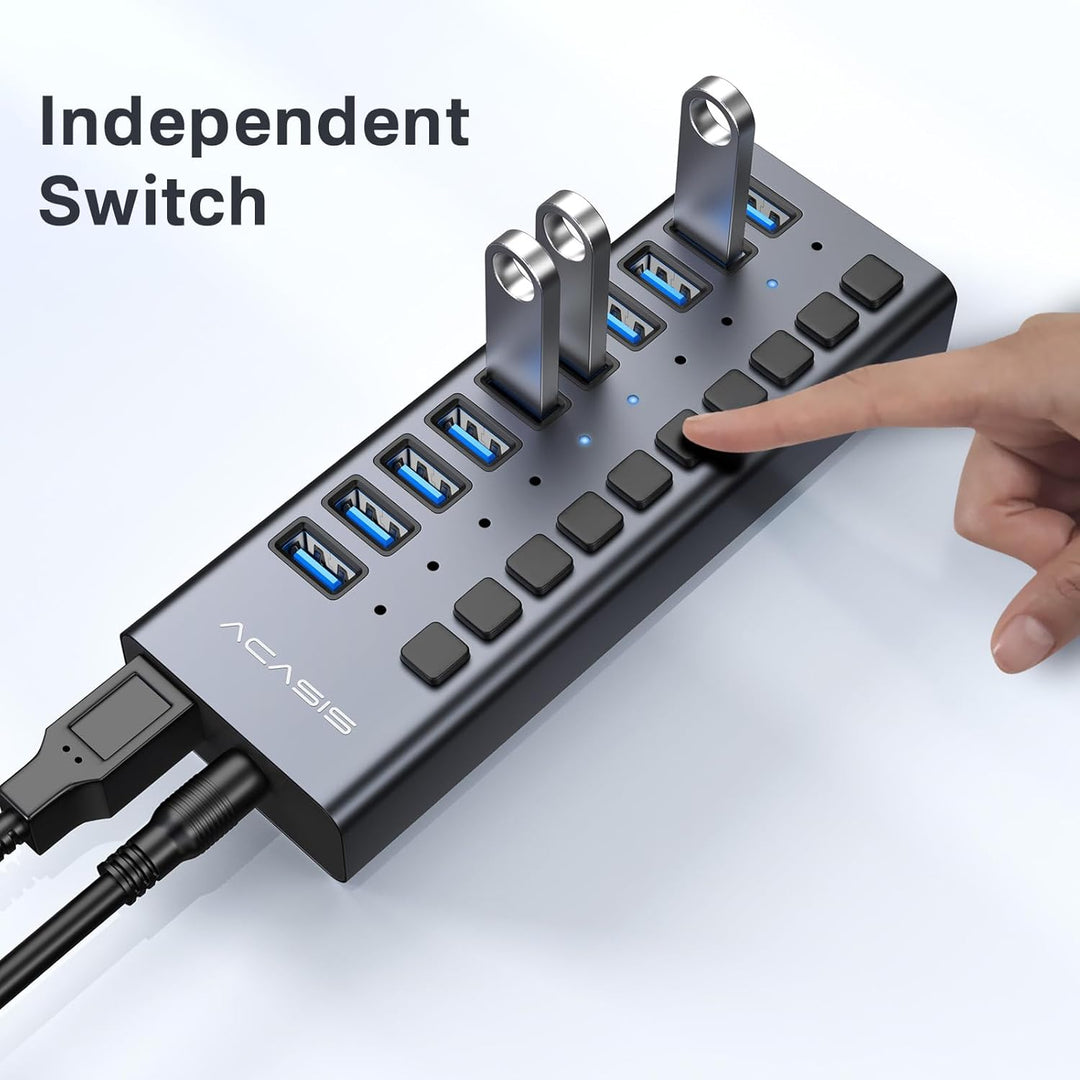 ACASIS Powered USB Hub,10 Ports USB 3.1 Hub mit 10Gbps Data Speed, Individuellen On/Off Schalter, 12