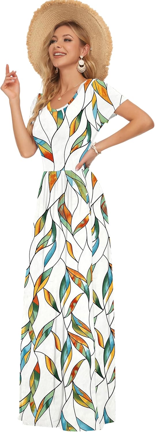 AUSELILY Damen Kurzarm Sommer Casual Long Maxi Kleider mit Taschen Buntes Verlaufslaub XS, Buntes Ve