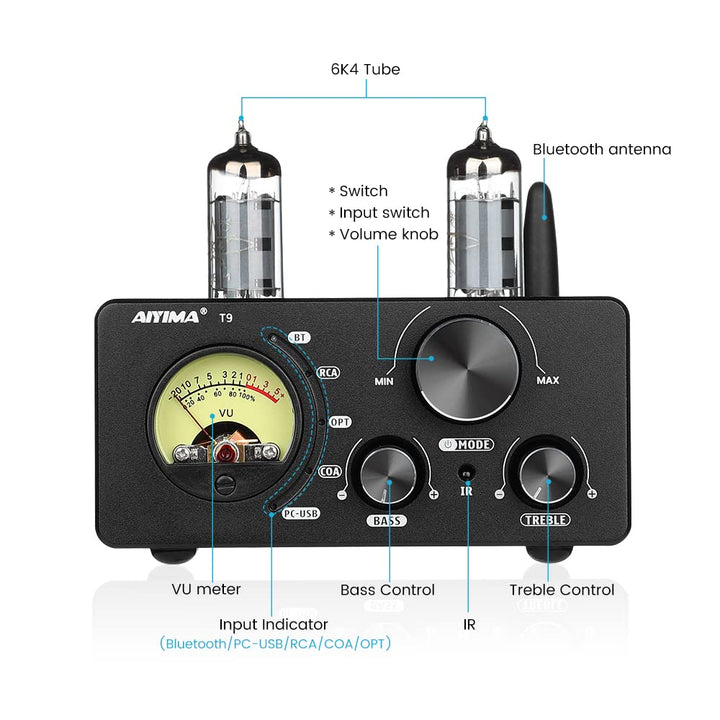 Aktualisierung AIYIMA Tube T9 Bluetooth 5.0 6K4 Vakuumrohrverstärker USB DAC 100W Stereo-Empfänger A