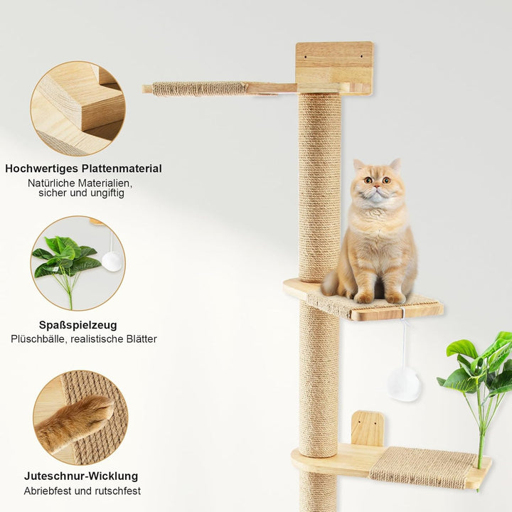 Youyijia Katzenkratzbaum 206cm aus Naturkautschukholz, 5 Etagen Wandmontierter Katzenbaum mit Verbre