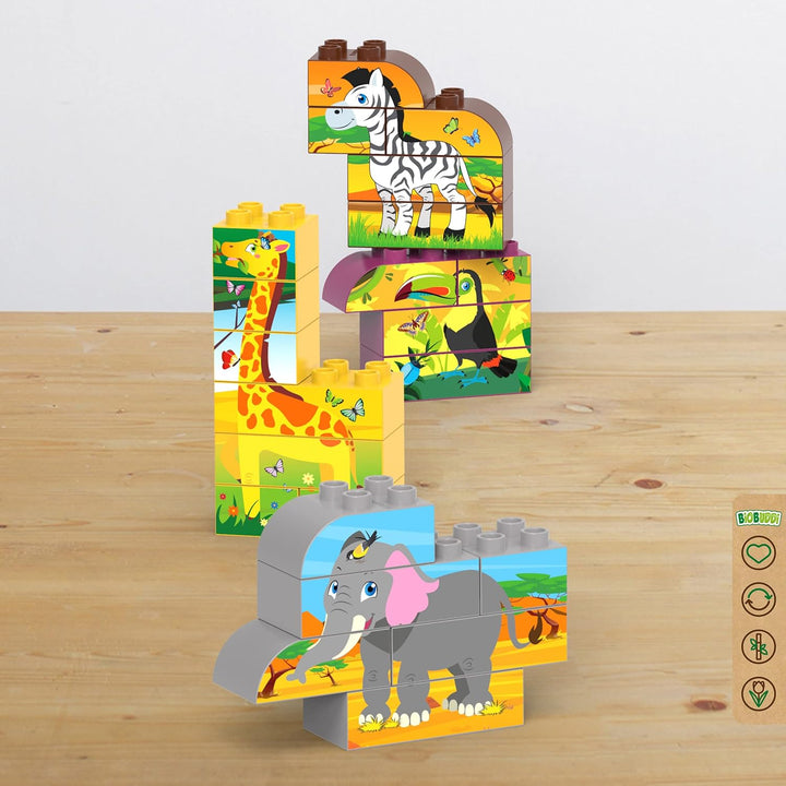 BIOBUDDI Puzzle | 8 Verschiedene Tiere: Giraffe, Elefant, Tukan, Zebra, UVM., 21 Teile, 100% kompati