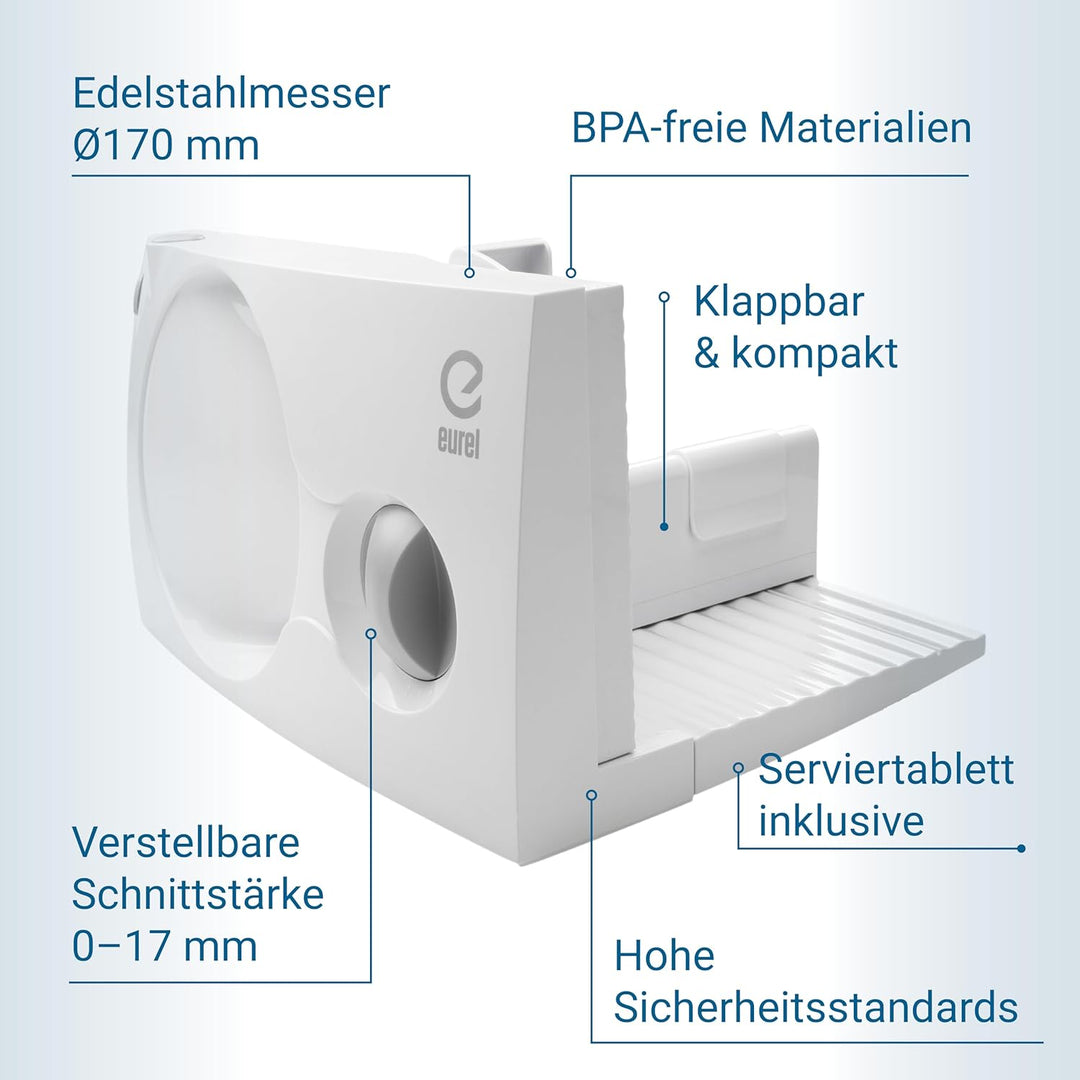 EUREL RS44 Allesschneider Made in Europa, Dauerschaltung, Serviertablett, platzsparend klappbar Elek