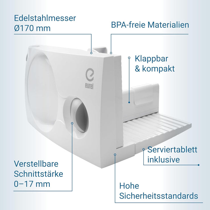 EUREL RS44 Allesschneider Made in Europa, Dauerschaltung, Serviertablett, platzsparend klappbar Elek