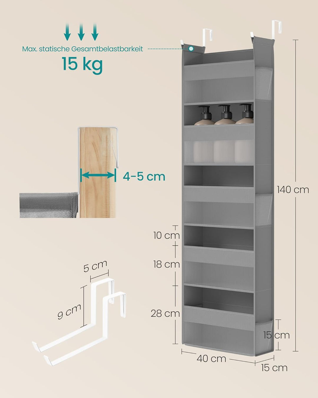 SONGMICS Hängeorganizer, Hängeregal, Tür-Organizer, Hängeaufbewahrung, Türregal Stoff, transparentes