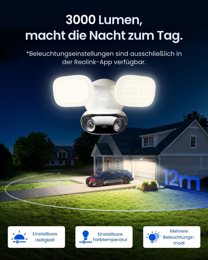 Reolink Elite Floodlight WiFi, 4K Wi-Fi 6 Überwachungskamera Aussen mit 3000 Lumen Flutlicht, Dimmba