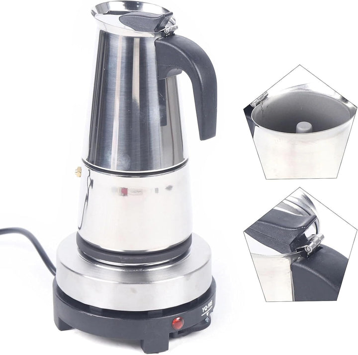 200ml/300ml Edelstahl Kaffeekocher Set, tragbarer Espressokocher mit Heizbasis, geeignet für Küche,
