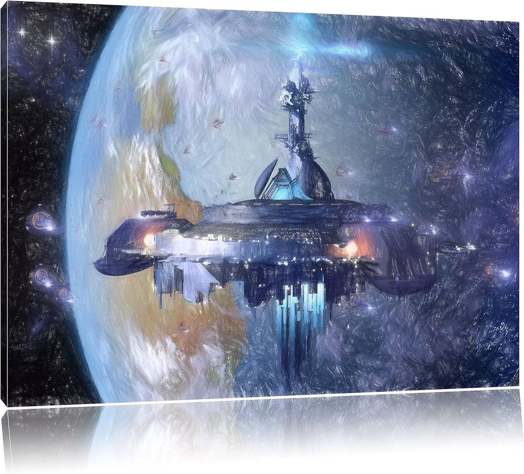 Pixxprint Raumschiff vor der Erde / 100x70cm Leinwandbild bespannt auf Holzrahmen/Wandbild Kunstdruc