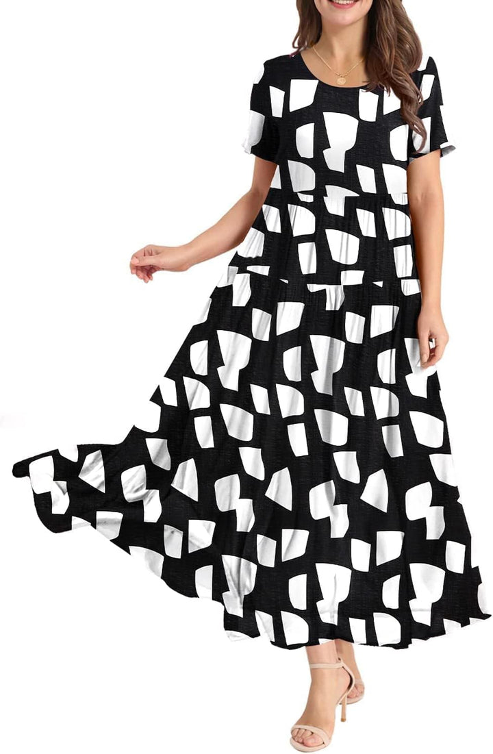 YESNO Damen Kleider Freizeit Lose Sommerkleid Lang Boho Maxikleid für Rundhals Strandkleid Blumenkle