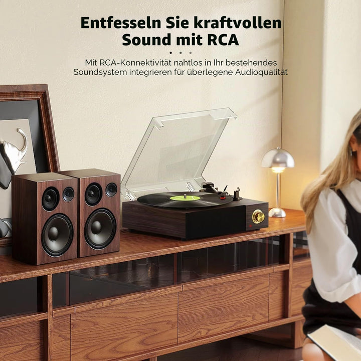 FYDEE Vintage Vinyl Plattenspieler mit integrierten Lautsprechern, Bluetooth 5.4 Vinyl-Player, 3 Ges